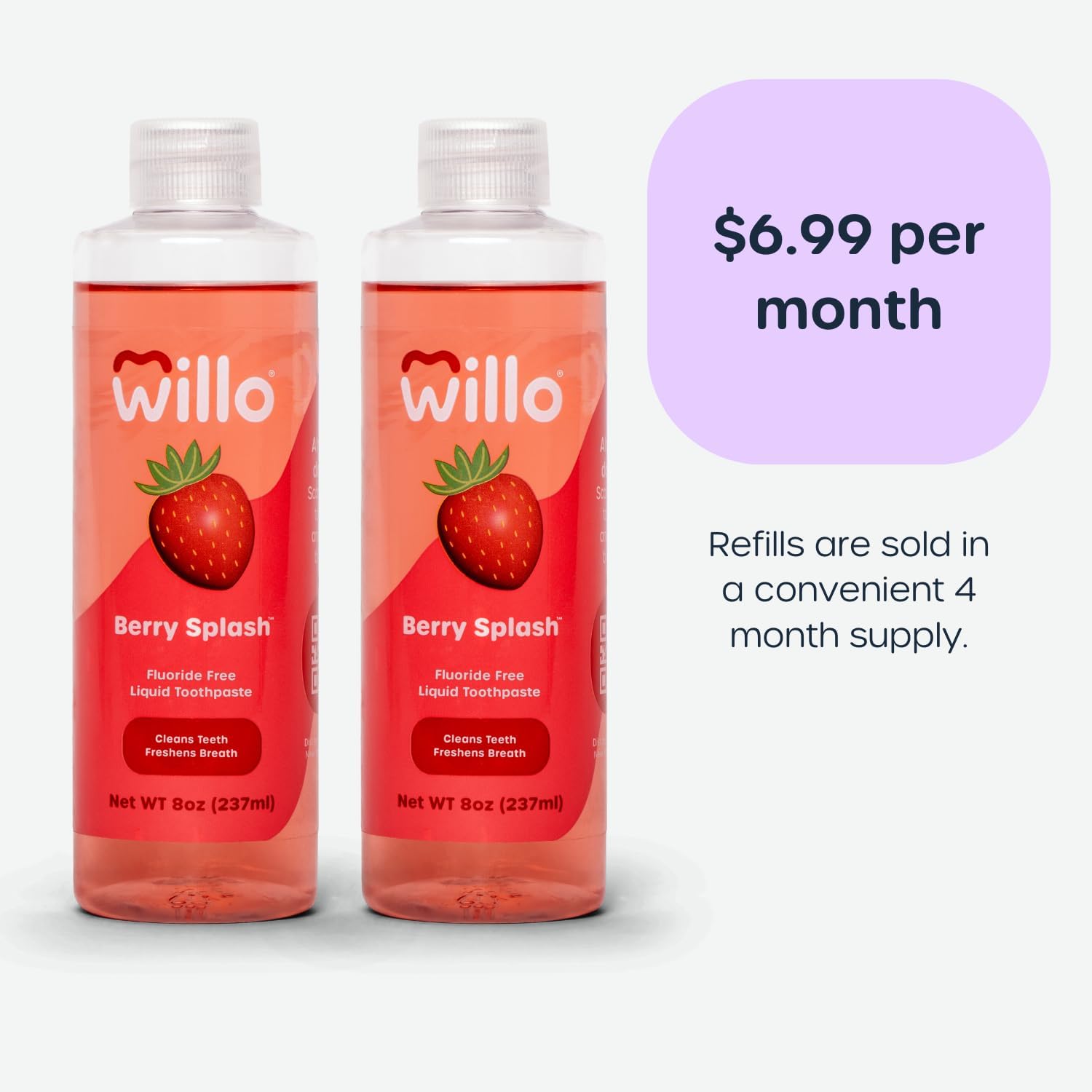 Willo Liquid Fluoride Free Toothpaste for Kids - for Use with AutoFlo Plus - Toothpaste (2-Pack, 8oz) - Berry Splash